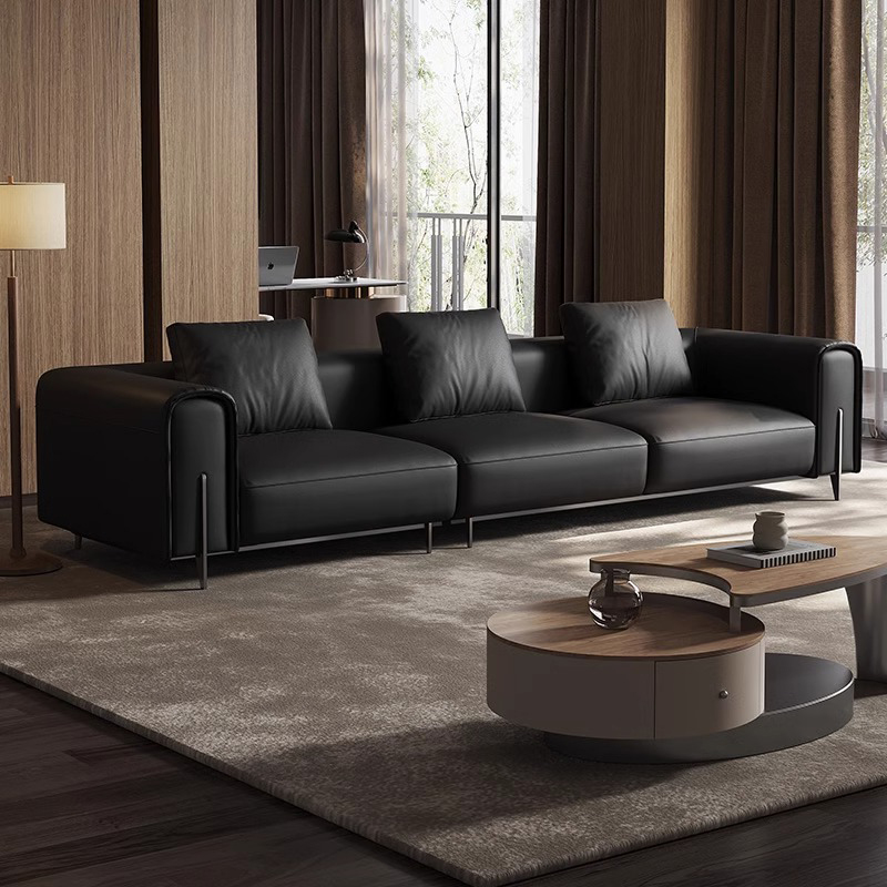 意式极简真皮沙发客厅2025新款现代简约轻奢高级感黑武士直排沙发