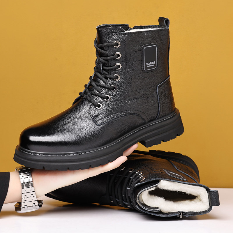 冬季男士马丁靴真皮羊毛高帮棉鞋男加绒保暖棉靴男款防滑雪地靴子