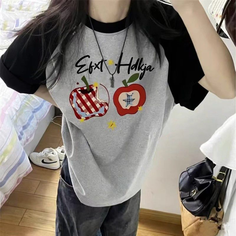 美式复古插肩短袖t恤女20