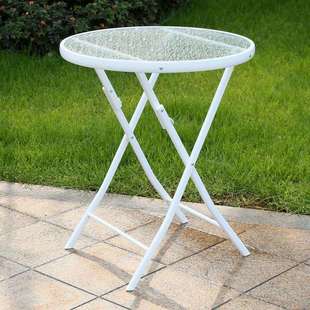 IL钢化玻璃圆桌户外休闲洽式 谈折F7MS6S9H叠桌组合欧铁椅艺餐桌阳