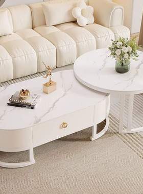 Tal玻璃茶几客厅家用法式奶油风椭圆形2025款高档可移动白色极简