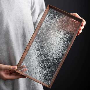 古海托实棠花玻璃木盘黑胡桃木长方形茶盘茶QF 00水盘水果复点心