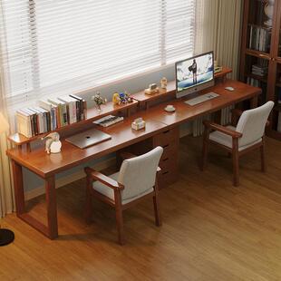 实木双人书桌学生家用脑大板桌带架书学习桌卧斗柜LPX组合室一体