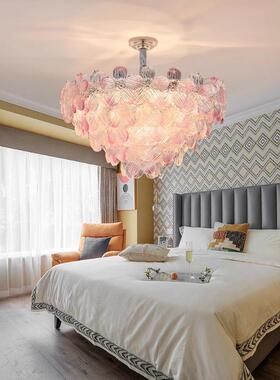 粉色法式吊灯新款奢油奶风琉璃客厅少FYM女卧心轻七彩女儿房室水