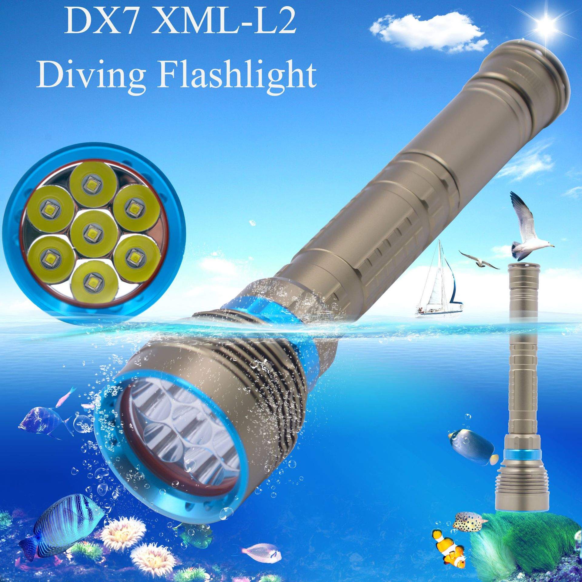 跨境热销LED潜水手电筒 DX7L2专业潜水手电 7T6户外防水手电26650