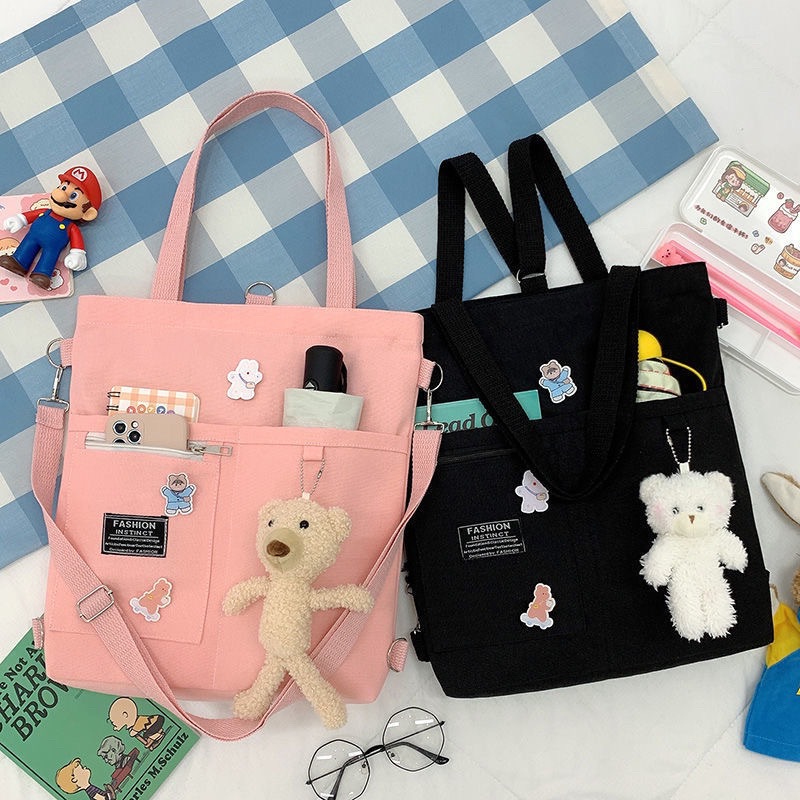 黑色帆布斜挎包ins帆布包女学生