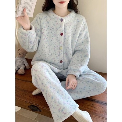 半边绒睡衣女款秋冬季加厚加绒保