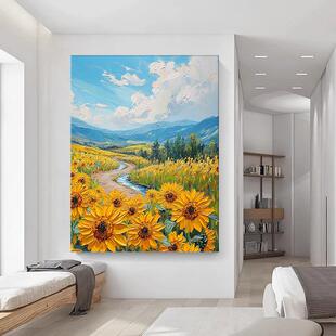 理美式田园风客厅绘油画向日葵花303田装手饰画蓝天白云肌景玄关