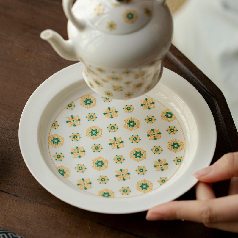 白瓷复古宝相花纹承工陶瓷干泡台家用小玉泥-琵型茶茶台壶点盘手