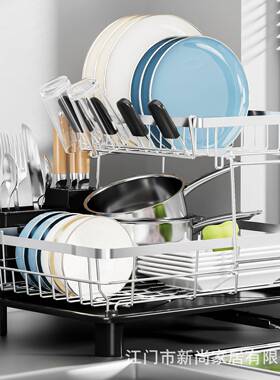 置厨房物架不锈钢碗碗盘沥水架双层YAJ功多能台面放筷盘收碟纳盒