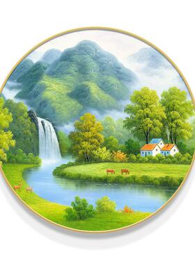 宝盆圆形入聚户玄关饰画餐装山厅风景水画挂画走廊过CYS道新中式