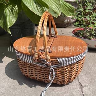 马亚新款藤野餐篮户外野炊100232春游柳编提篮手提带盖果篮田园逊