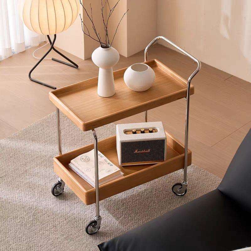 吉泰盛不锈钢双层实木几可移边中古小动推车家用客厅收置物架简约