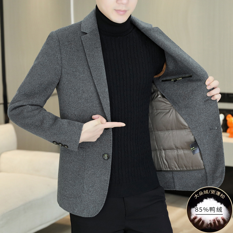 高档加绒呢子西装男休闲纯色外套