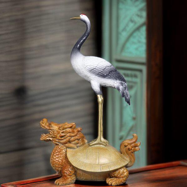 古玩收藏纯铜彩铜乌龟仙鹤龟鹤铜器工艺品家居办公室贺寿礼品摆件