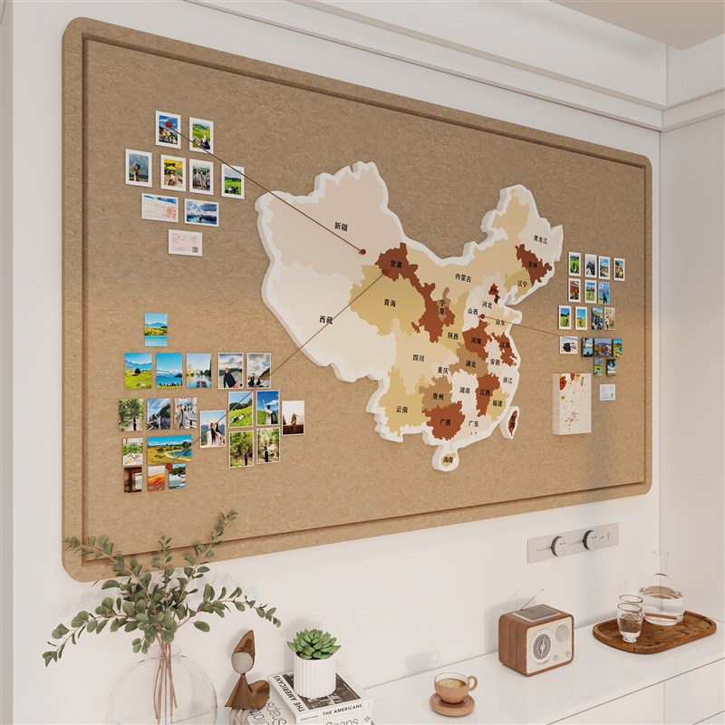 复古风毛毡照片墙3d立体地图墙贴客厅装饰画中国旅行足迹打卡墙贴