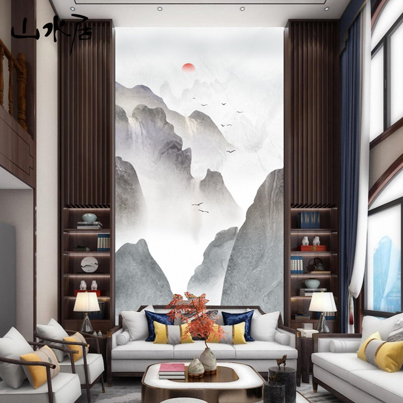 别墅挑高复式楼电视背景墙壁纸中式客厅挑空玄关壁画影视墙布壁布