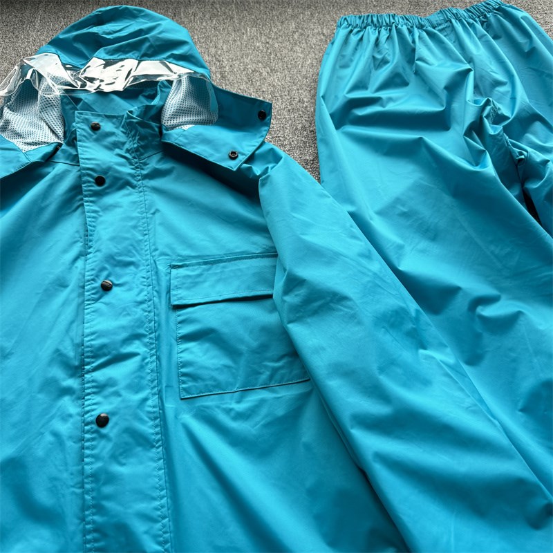 外贸日单尾货夏季防暴雨分体式雨衣雨裤雨遮全网衬压胶男款雨衣