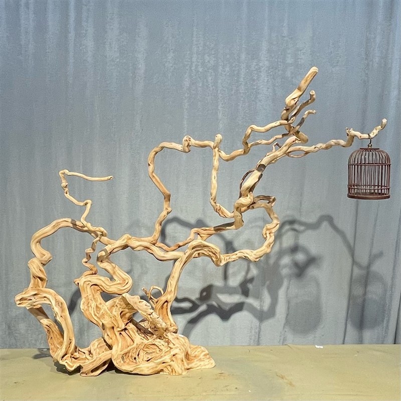 新中式风化木天然杜鹃根雕摆件创意实木灯鸟笼挂架客厅装饰