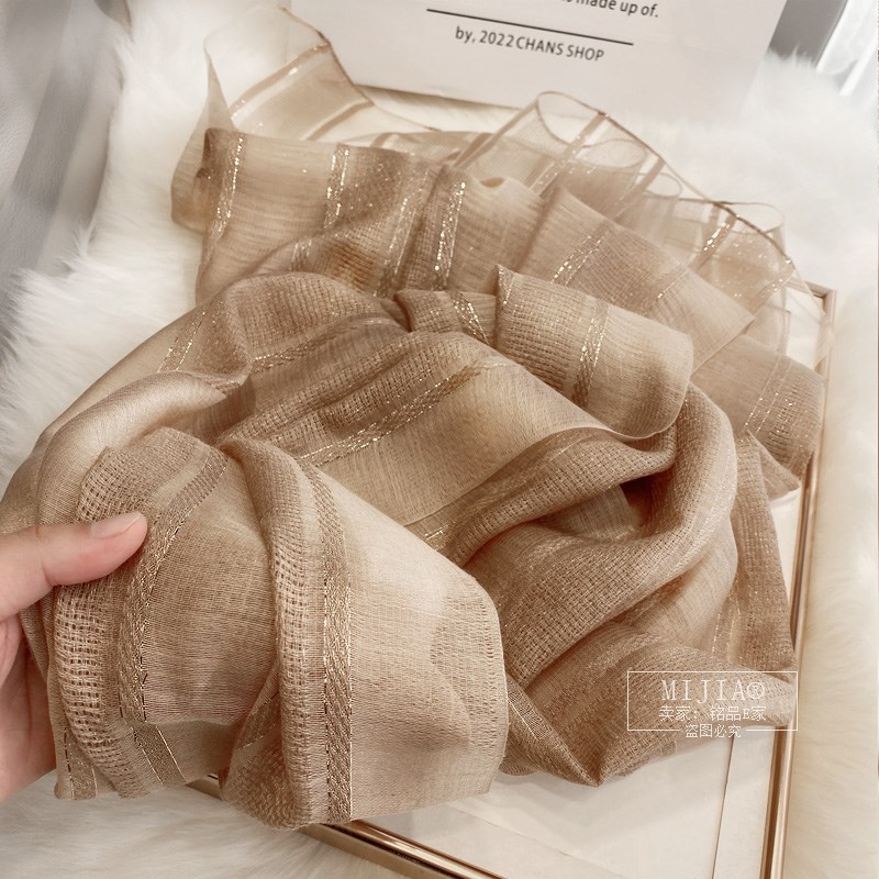 24新品 真丝桑蚕丝羊毛围巾薄款秋冬带金线条纹丝巾尺寸190*70CM