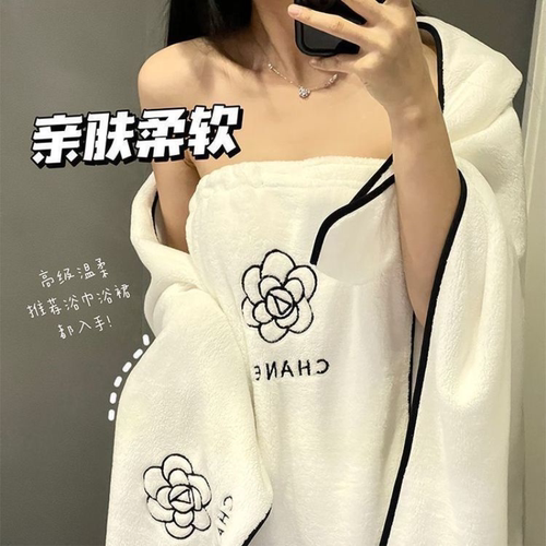 新款风山茶花浴巾女家用洗澡浴裙三件套可穿可裹大毛巾干发帽