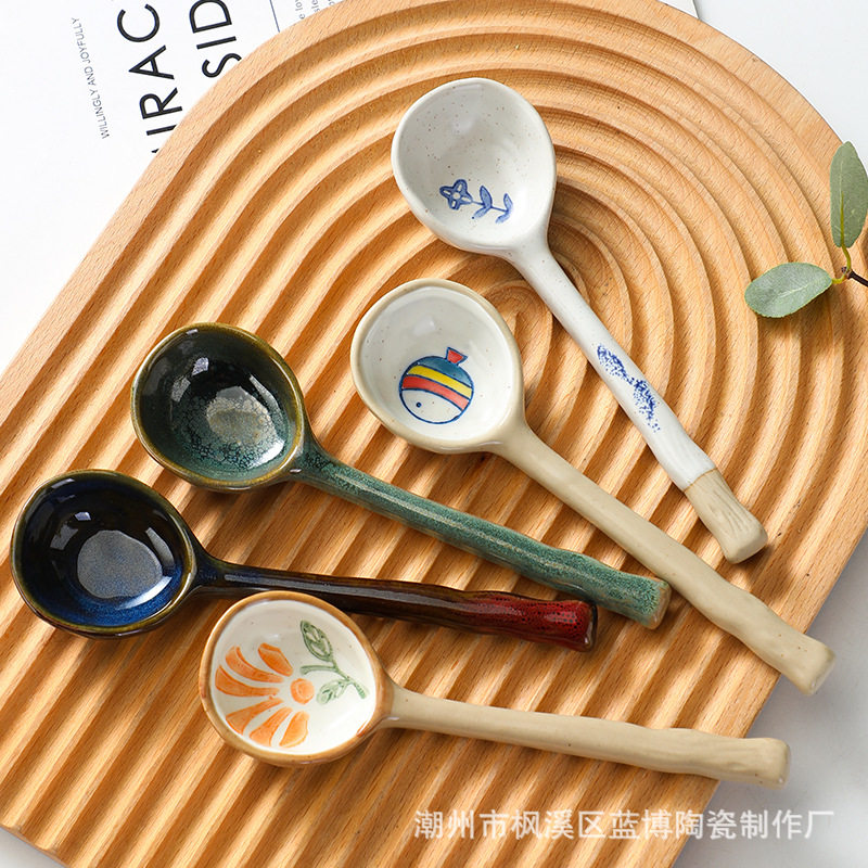 创意卡通手绘调羹勺日式粗陶儿童辅食汤勺饭勺陶瓷长柄搅拌勺套装