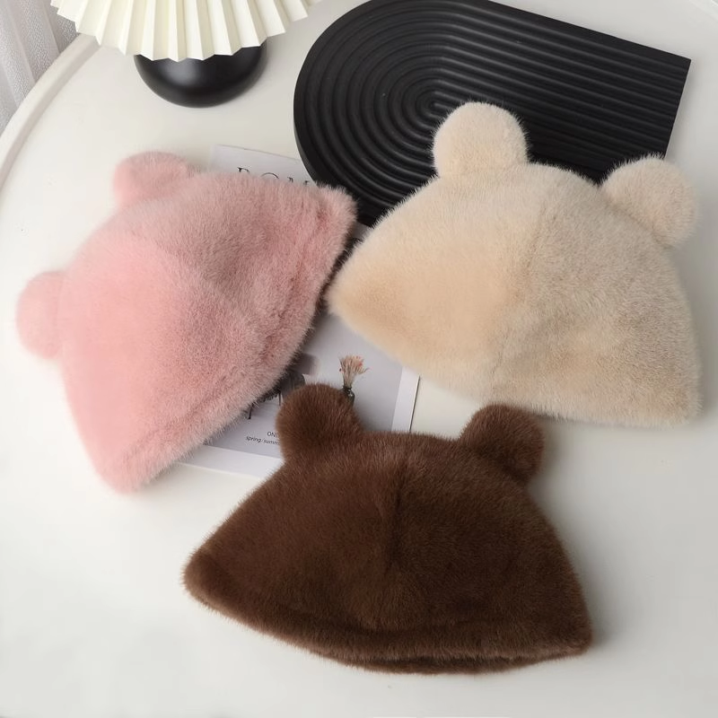 新款欧貂秋冬时尚女士小熊毛绒洋气耳朵帽子冬季仿皮毛毛可爱保暖