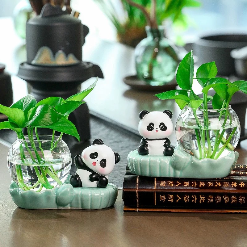 最新熊猫绿萝玻璃花瓶花器鲜花水培器皿客厅玄关装饰品桌面小摆件