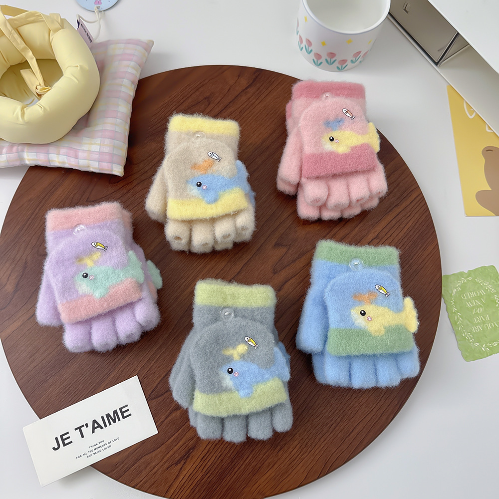 儿童半指翻盖手套可爱鲸鱼秋冬加厚漏指上学写字玩雪防风防寒保暖