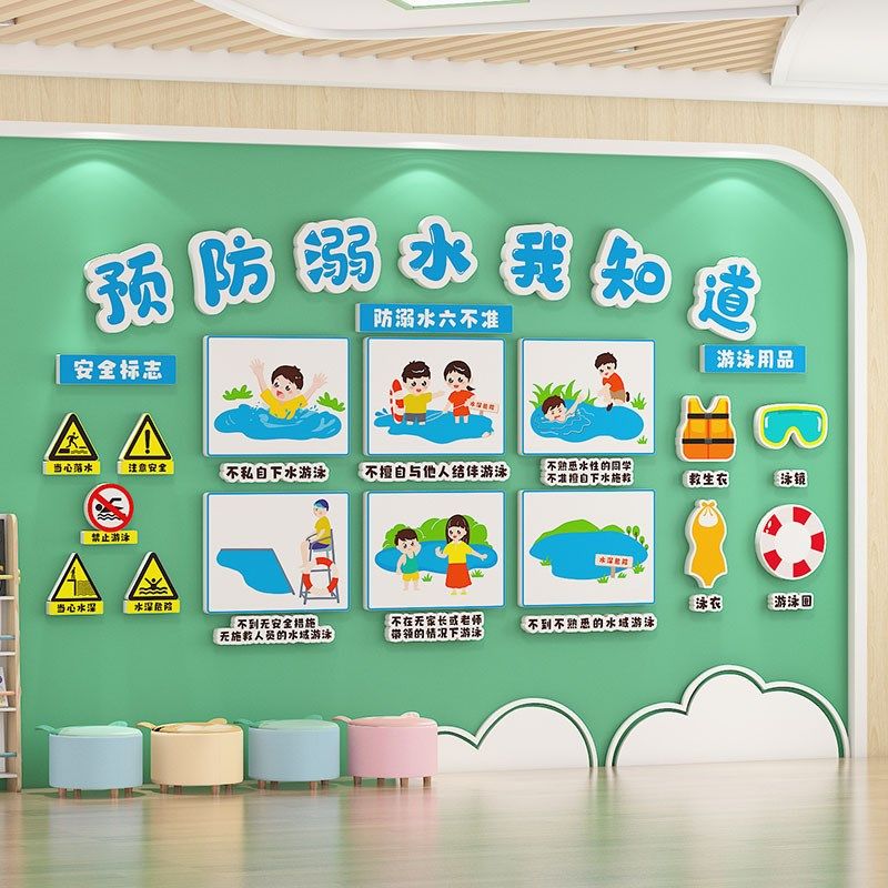 幼儿园防溺水安全教育宣传主题文化墙贴成品走廊环创楼道墙面装饰