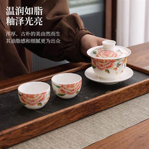 手绘大号三才盖碗羊脂玉白瓷单个泡茶碗陶瓷功夫茶具茶杯套装