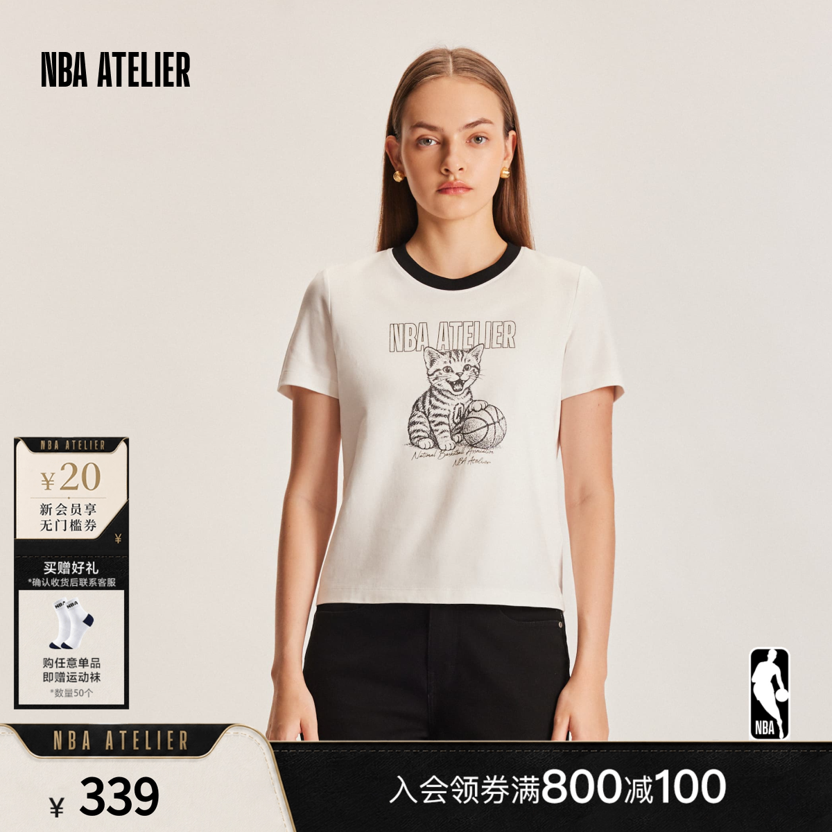 NBA ATELIER经典字母LOGO短袖女士猫咪印花正肩纯棉休闲t恤女装