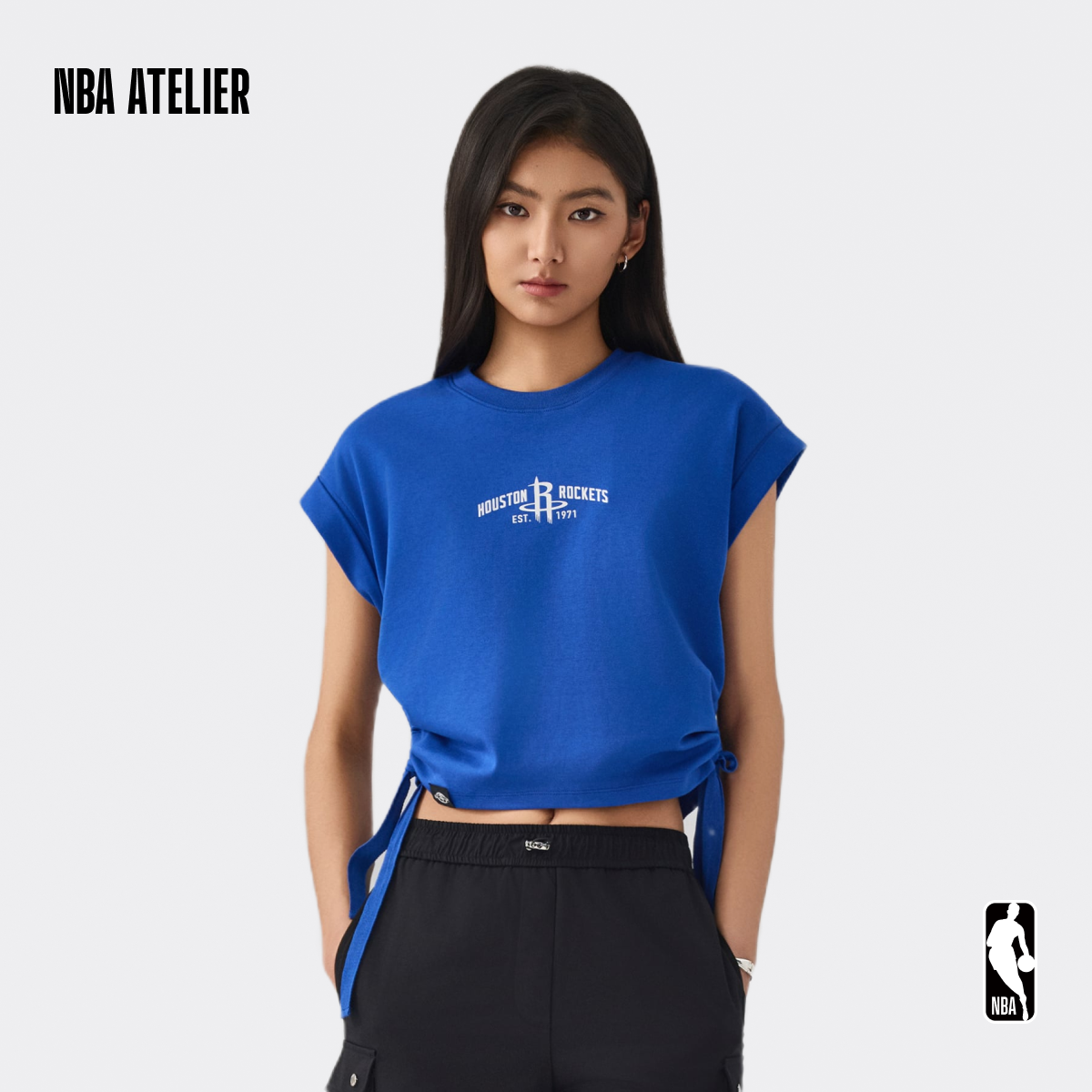 NBA ATELIER火箭队夏季深海蓝色无袖宽松女款T恤休闲百搭纯棉短袖