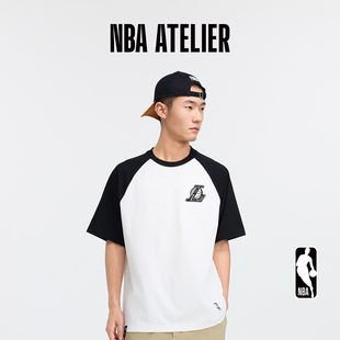 25新款NBA ATELIER湖人队男士微阔圆领短袖撞色休闲纯棉插肩袖t恤