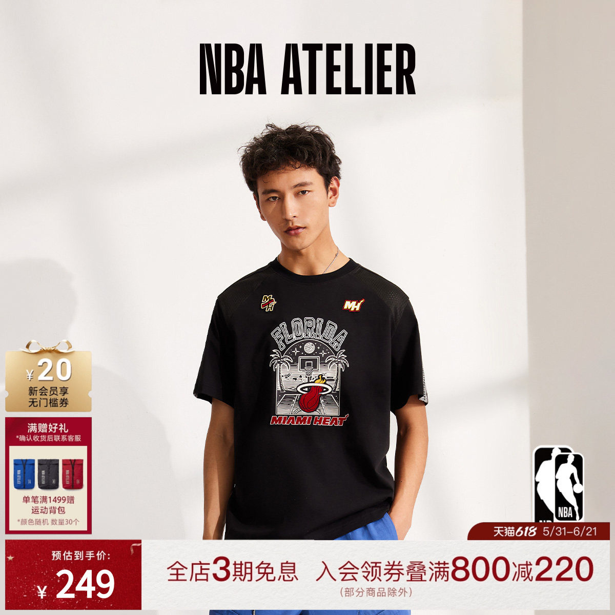 NBA ATELIER男士热火队印花黑色宽松短袖运动休闲百搭圆领T恤男装