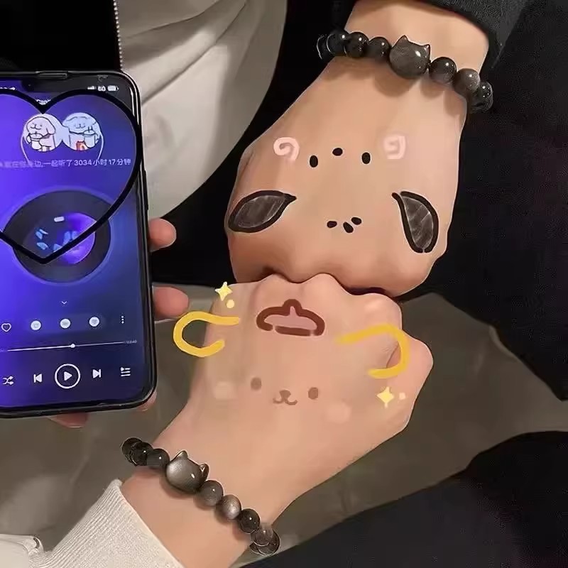 天然黑曜石情侣手链情侣款男女银曜石猫咪手串圣诞礼物