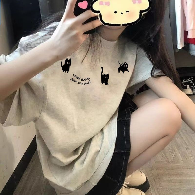白灰色小猫短袖t恤女纯棉2026夏季新款爆款宽松大码印花上衣体恤