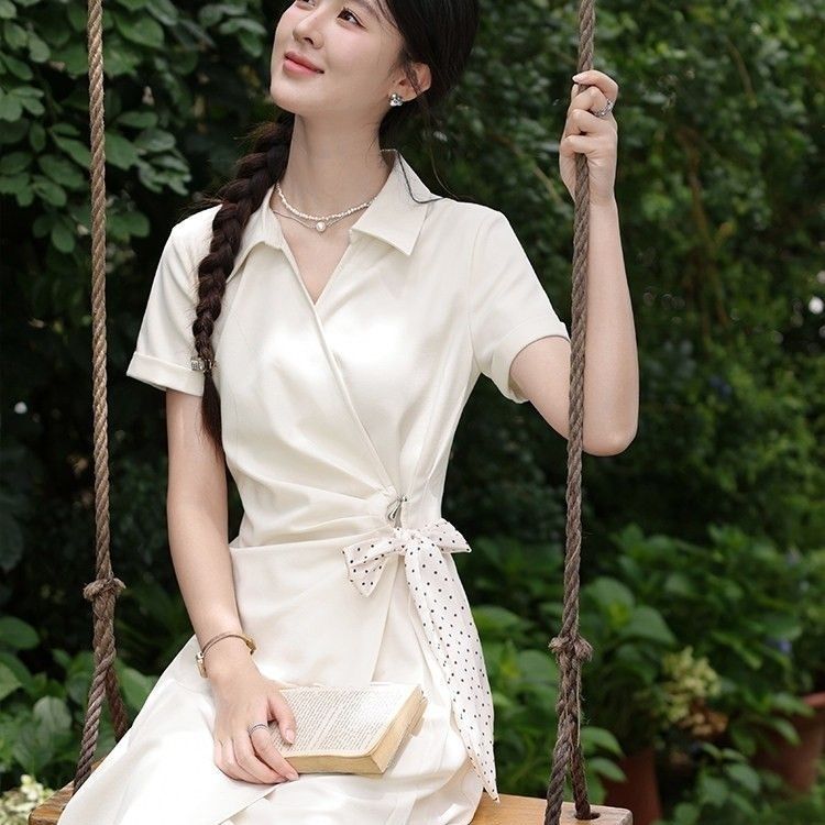 白色衬衫连衣裙女夏季梨型身材长裙