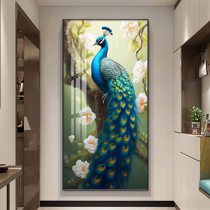 孔雀花开富贵吉祥入户玄关装饰画走廊过道客厅壁画竖版正对门挂画