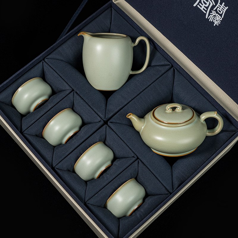 汝窑茶壶杯套装家用景德镇功夫茶具手工陶瓷复古冰裂开片釉送礼品