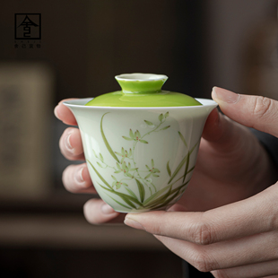 手绘釉下彩盖碗壶承三才茶碗功夫茶具简约家用泡茶碗陶瓷手工盖碗