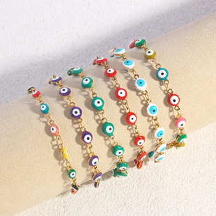 跨境爆款手饰品彩色复古恶魔之眼手链可调节不锈钢滴油眼睛手链