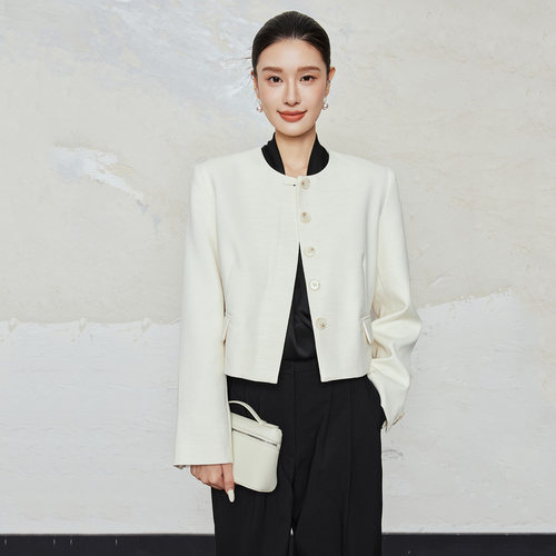 小香风圆领显瘦短外套女白色