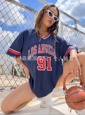 Striped Trim V领宽松T恤女欧美运动Los Angles 印花上衣美式球服