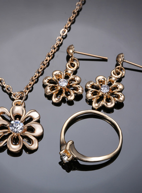 极速3PCS Elegant Womenr Jewelry Set Gold Color Flower Pendan