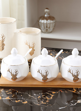 极速陶瓷白色调味罐子厨房收纳瓶味精盐糖盒加盖味具W餐桌用品套