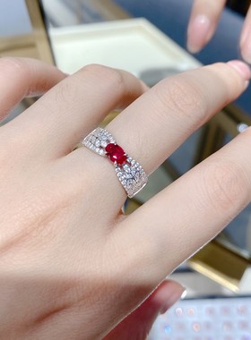 极速麦穗镂丝带浓郁鸽血红宝石戒指女小众设计轻S奢食指红刚玉纯