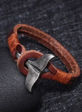 极速琦诺2022新款男士鲸鱼尾合金I手錬牛皮手工编织男士手环