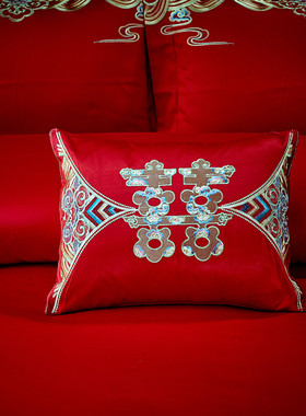 极速纯棉小抱枕h 婚庆大红色刺绣小靠垫含芯子孙枕腰靠结婚床品配