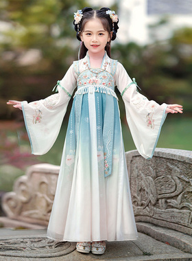 极速汉服女童公主k裙蓝色刺绣唐装小女孩古筝演出服儿童古风宽袖